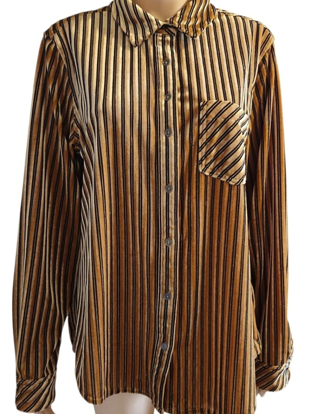 Velvet Heart Gold and Black Striped Women’s Button-Down Shirt 70s Retro Size M